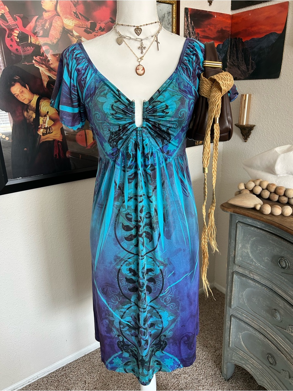 Vintage Y2K Graphic Print Dress Size M Blue Midi Boho Fairy Grunge Whimsigoth